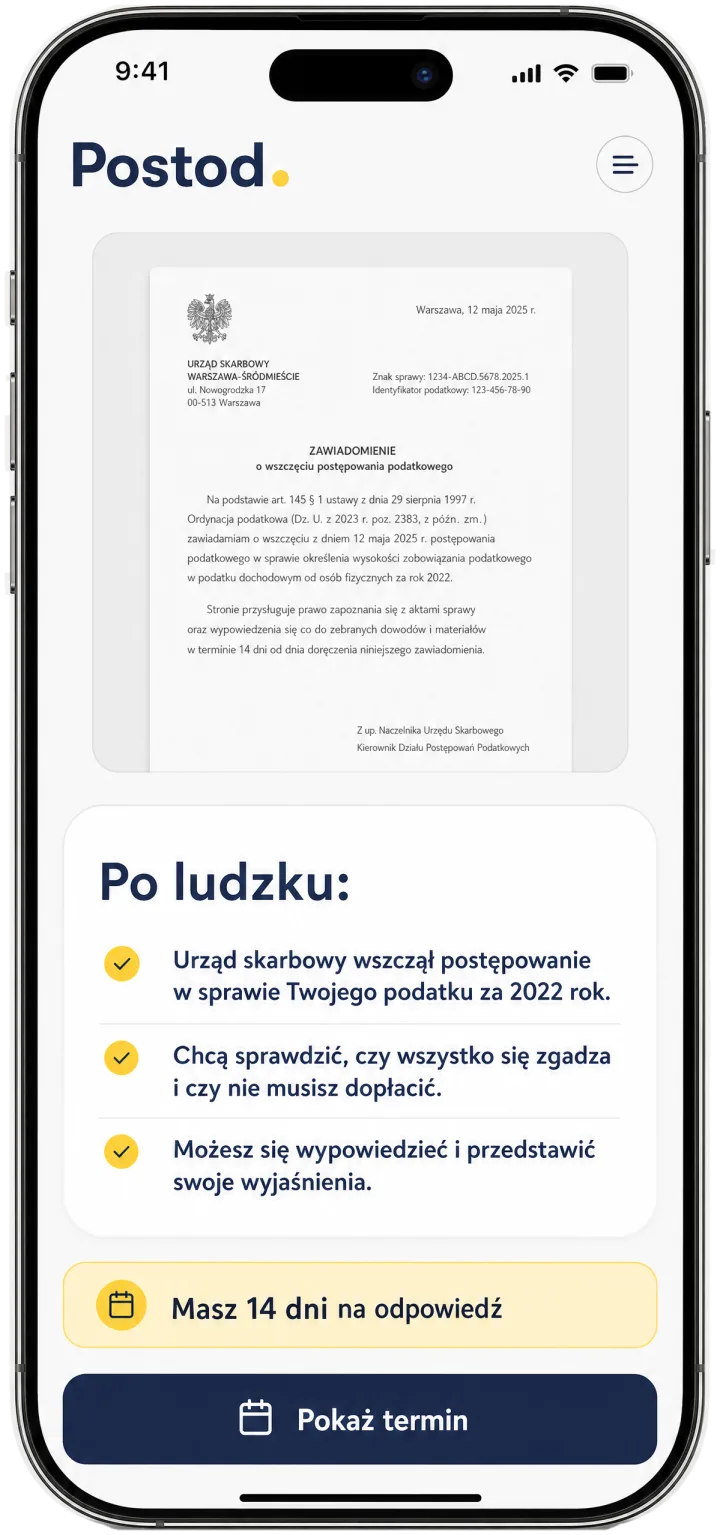 Aplikacja Postod pokazuje pismo z urzędu skarbowego i streszczenie Po ludzku w trzech punktach oraz pasek: masz 14 dni na odpowiedź