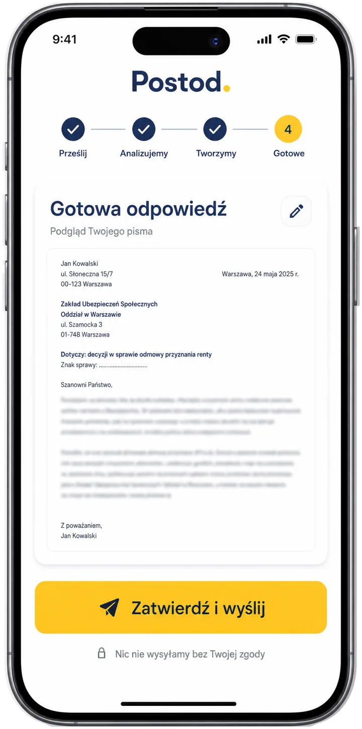 Gotowa odpowiedź do ZUS przygotowana przez Postod z przyciskiem Zatwierdź i wyślij oraz podpisem: nic nie wysyłamy bez Twojej zgody