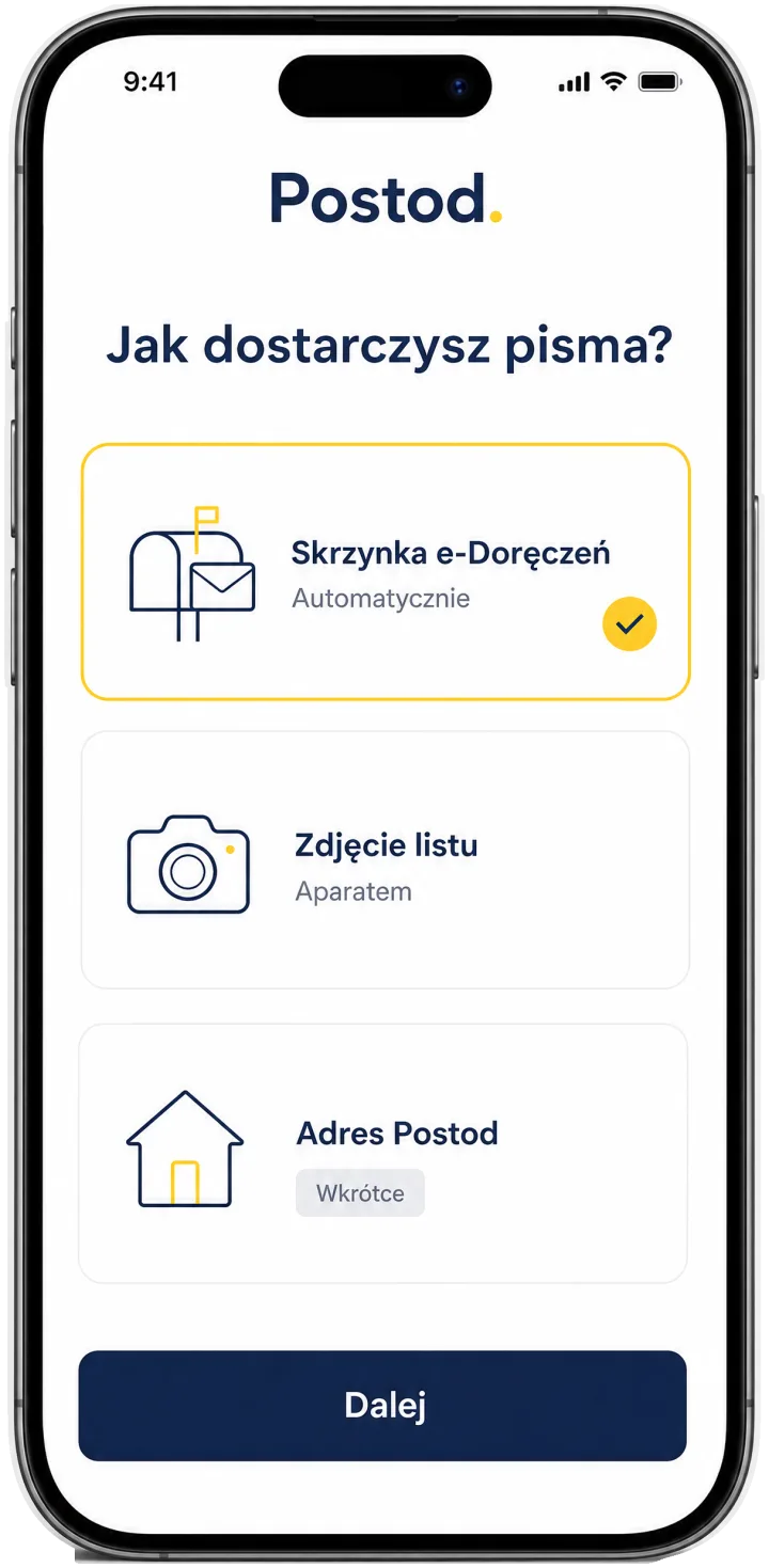 Ekran wyboru kanału w Postod: skrzynka e-Doręczeń automatycznie, zdjęcie listu aparatem lub adres Postod wkrótce